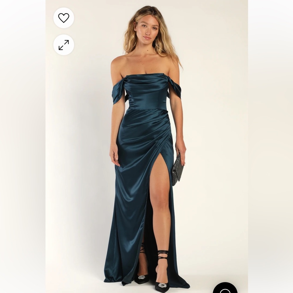 Teal satin off the shoulder maxi dress with high slit - Lulus - Picture 2 of 4